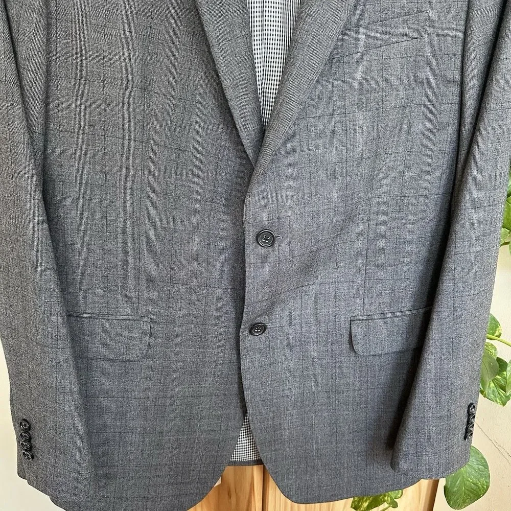 Banana‎ Republic Wool Modern Slim Fit Plaid Blazer 44L Long Suit Gray